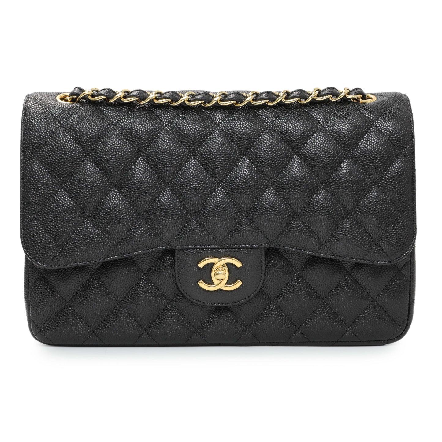 Exclusive Chanel Black Quilted Caviar Jumbo Classic Double Flap — Front View