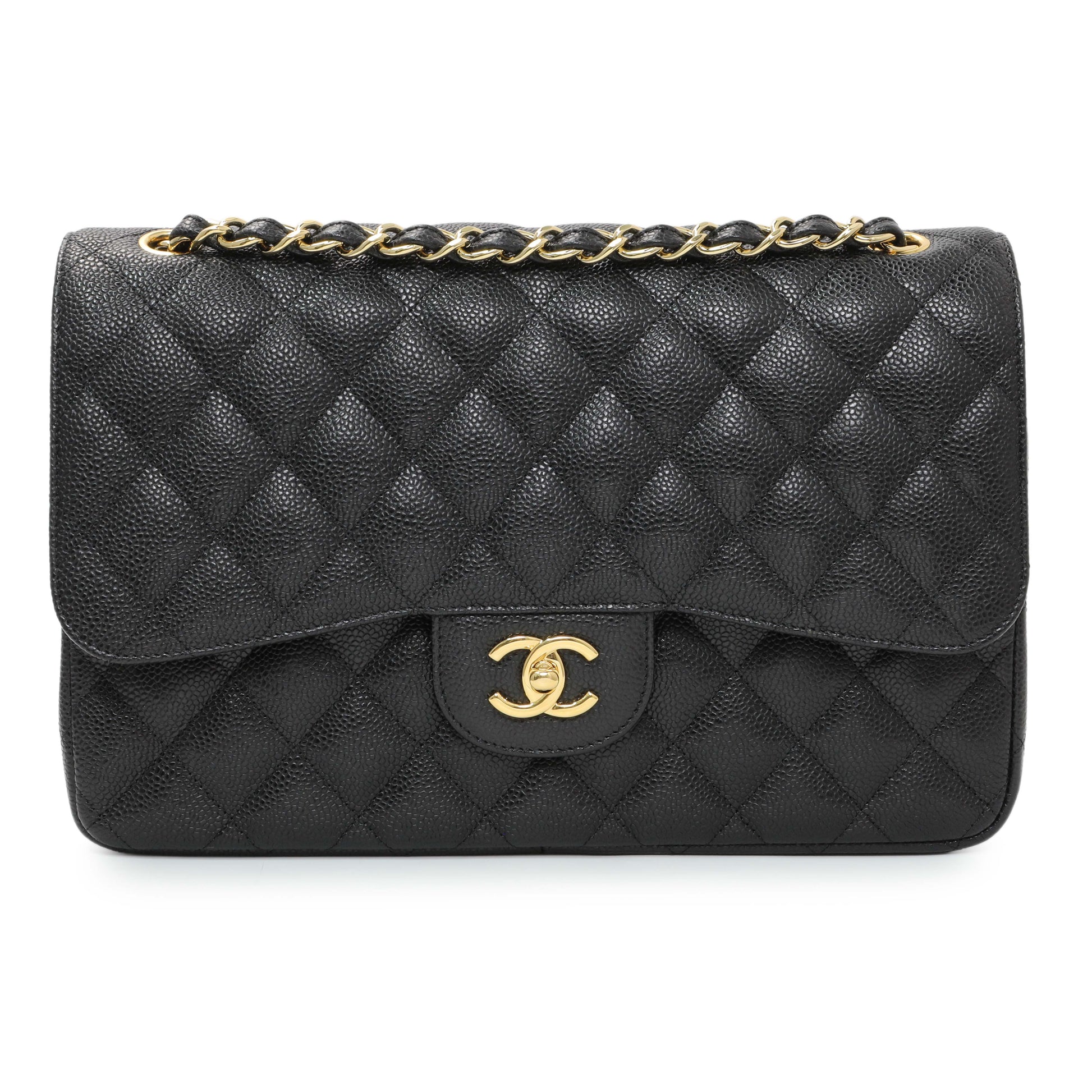 Exclusive Chanel Black Quilted Caviar Jumbo Classic Double Flap — Front View