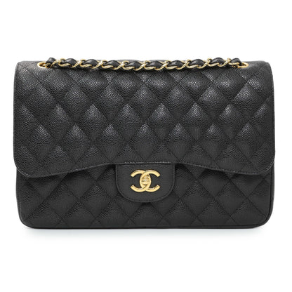 Exclusive Chanel Black Quilted Caviar Jumbo Classic Double Flap — Front View