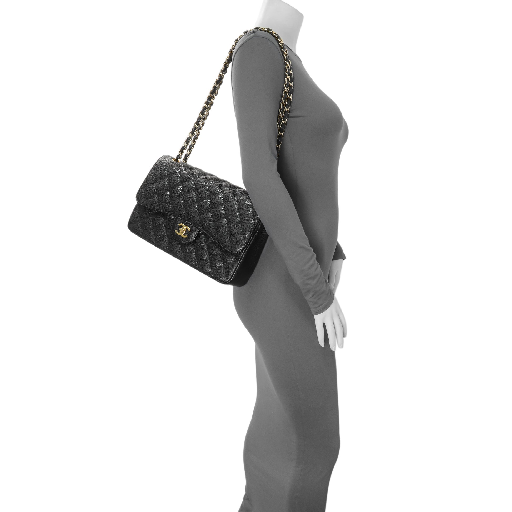 Exclusive Chanel Black Quilted Caviar Jumbo Classic Double Flap — Alternate View 7