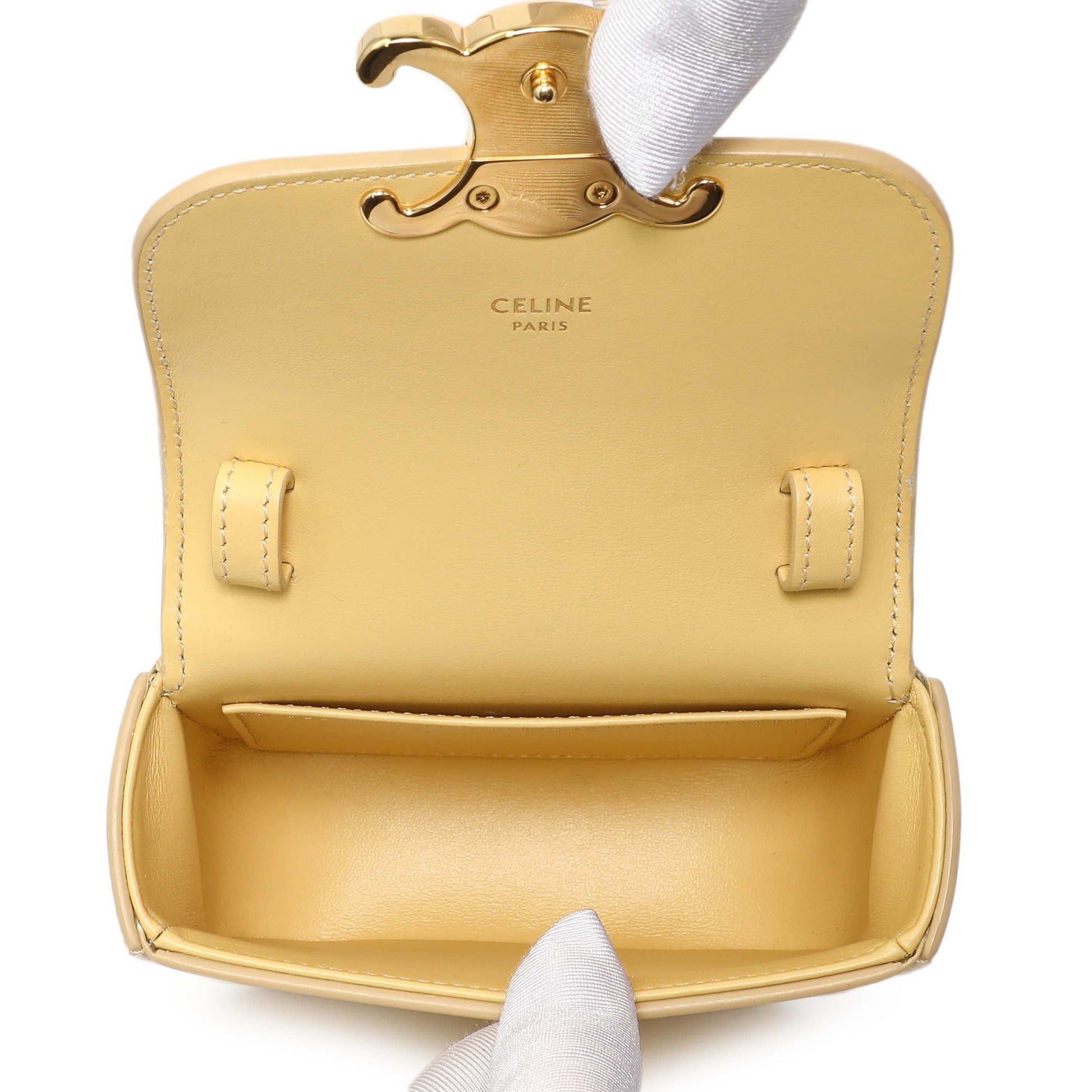 Exclusive Celine Light Yellow Shiny Calfskin Mini Claude — Detail View
