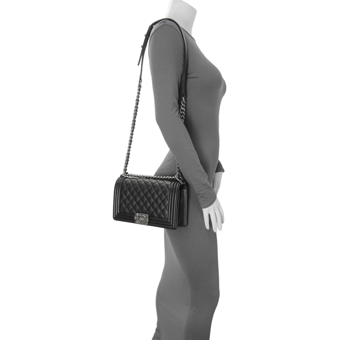 Exclusive Chanel Black Quilted Caviar Medium Boy Flap — Alternate View 12