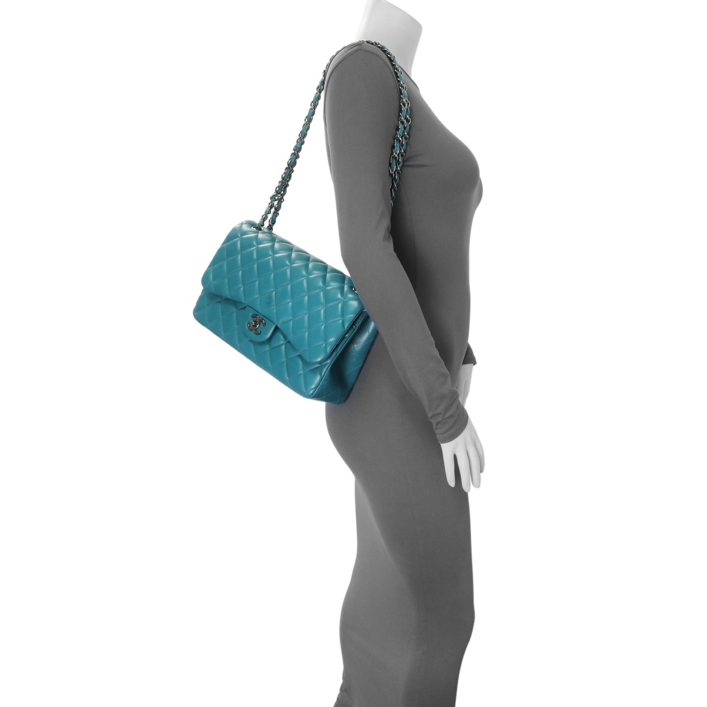 Exclusive Chanel Teal Quilted Lambskin Jumbo Classic Double Flap — Alternate View 11