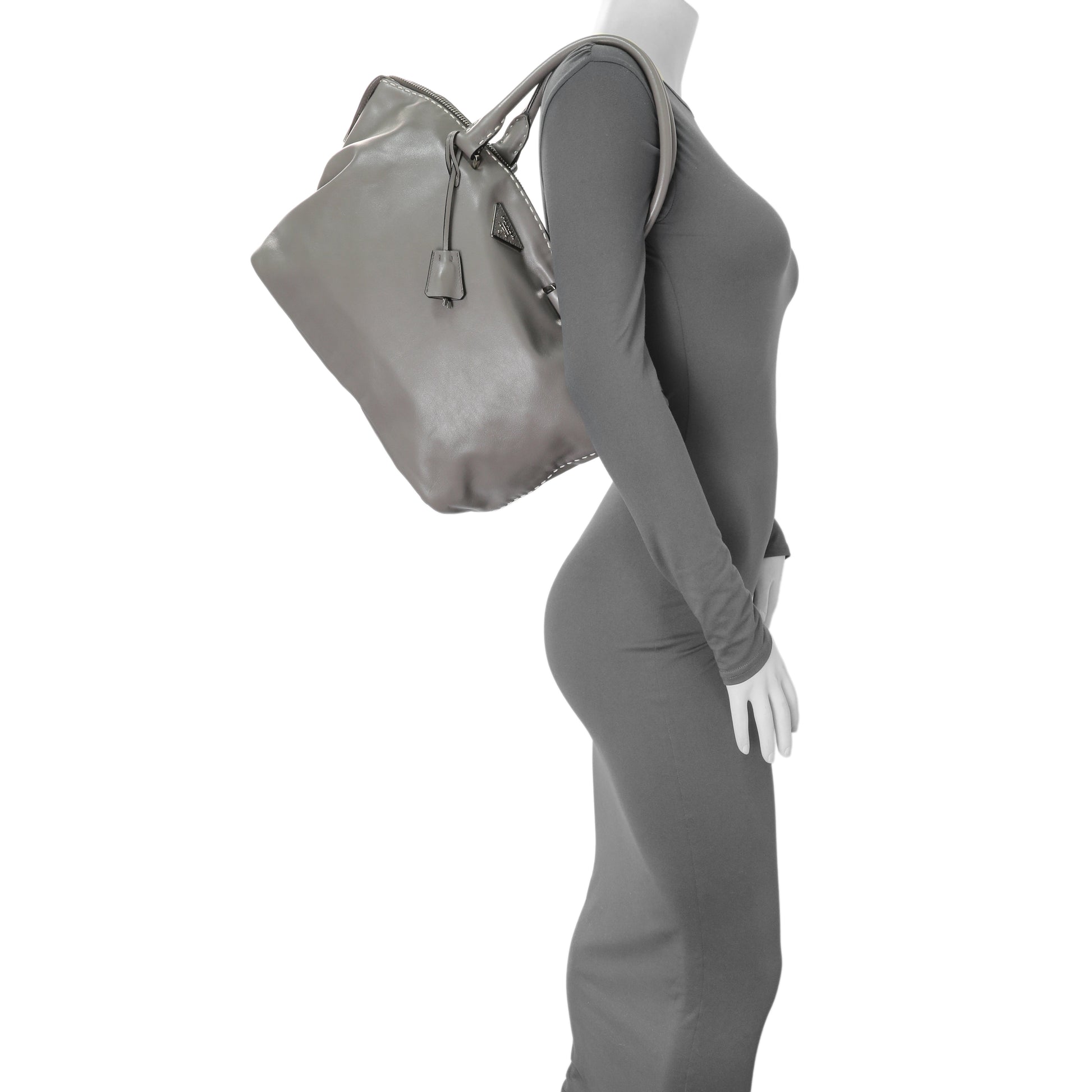 Exclusive Prada Argilla Smooth Calfskin Leather Double Handle Satchel Bag — Lifestyle View