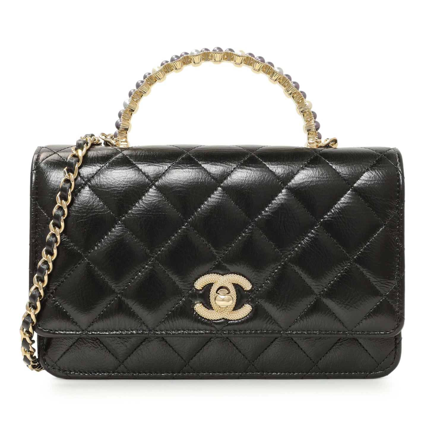 Exclusive Chanel Black Quilted Crumpled Lambskin Pearl Top Handle Wallet on Chain WOC — Front View
