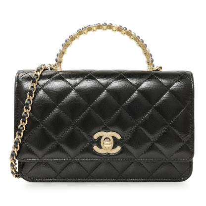 Exclusive Chanel Black Quilted Crumpled Lambskin Pearl Top Handle Wallet on Chain WOC — Front View