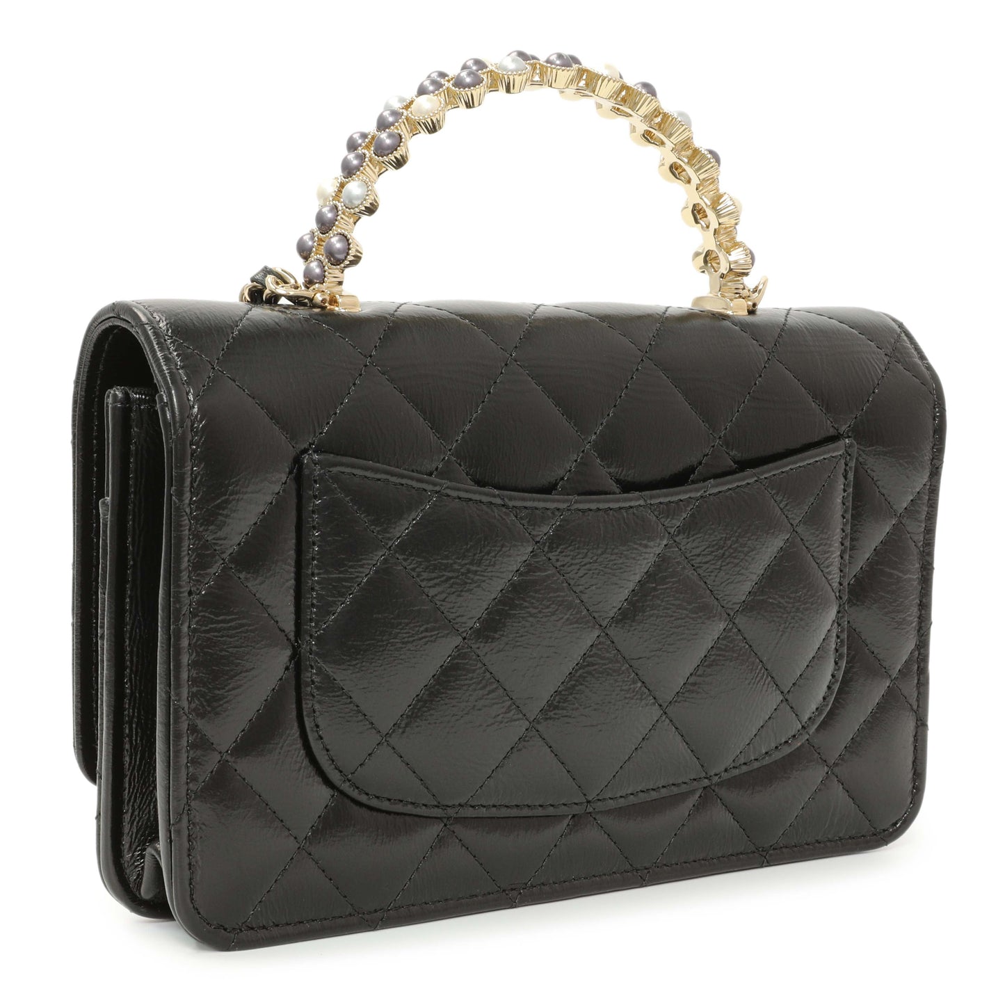 Exclusive Chanel Black Quilted Crumpled Lambskin Pearl Top Handle Wallet on Chain WOC — Side View