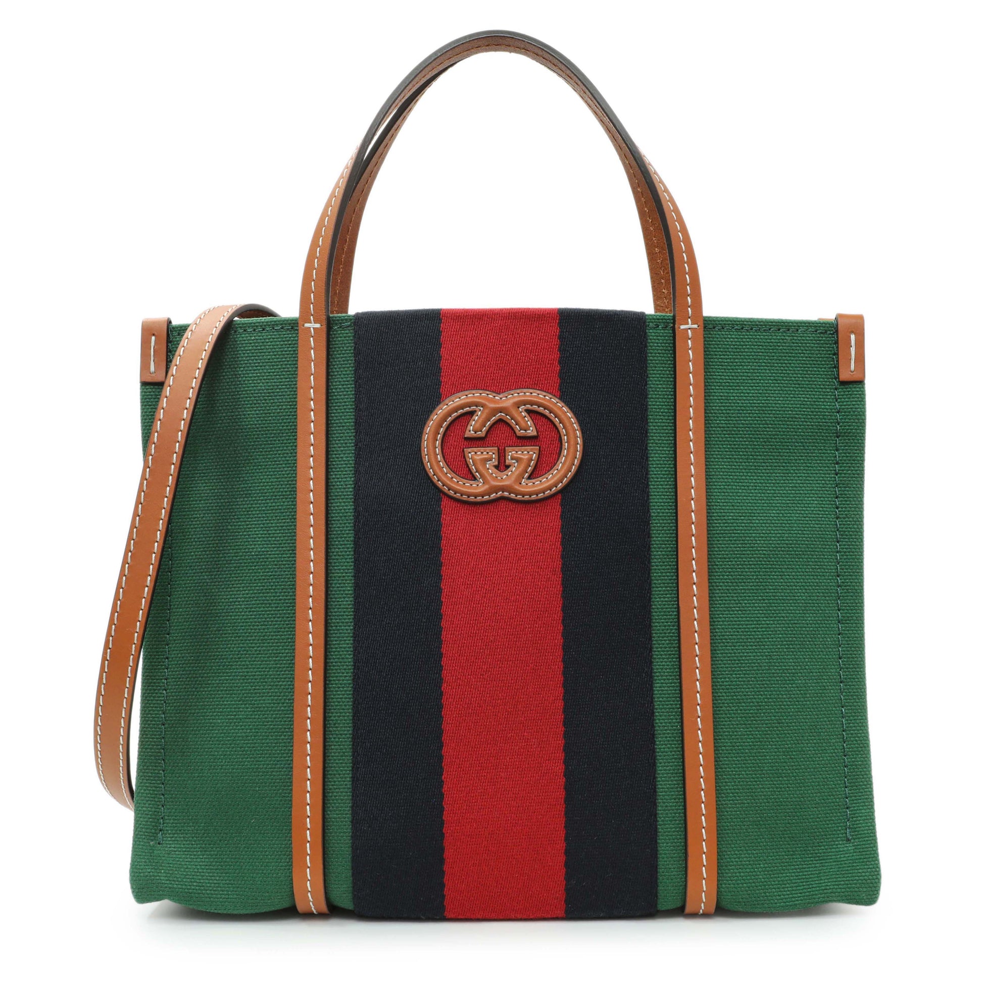 Exclusive Gucci Green Canvas Web Small Interlocking G Tote — Front View