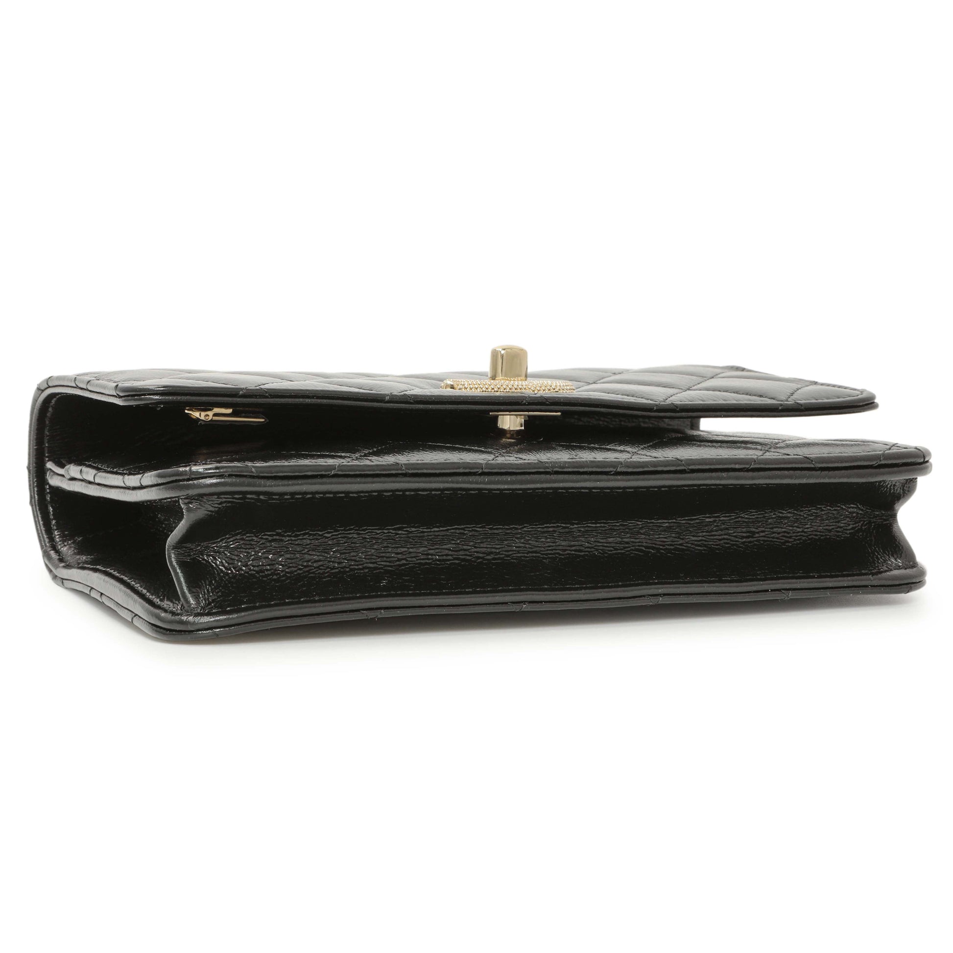Exclusive Chanel Black Quilted Crumpled Lambskin Pearl Top Handle Wallet on Chain WOC — Back View