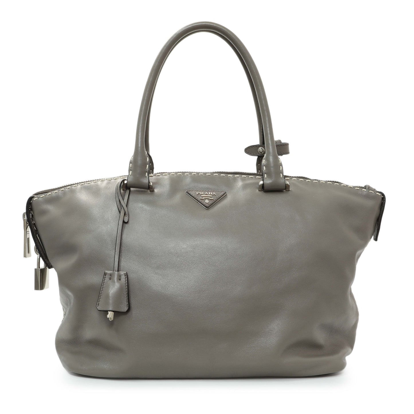 Exclusive Prada Argilla Smooth Calfskin Leather Double Handle Satchel Bag — Front View