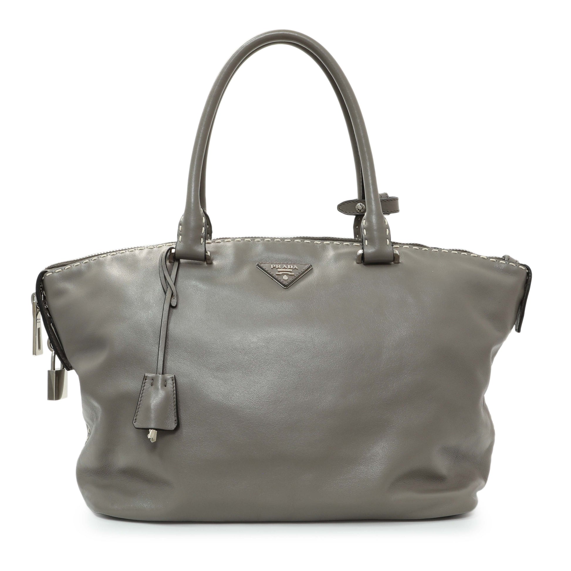 Exclusive Prada Argilla Smooth Calfskin Leather Double Handle Satchel Bag — Front View