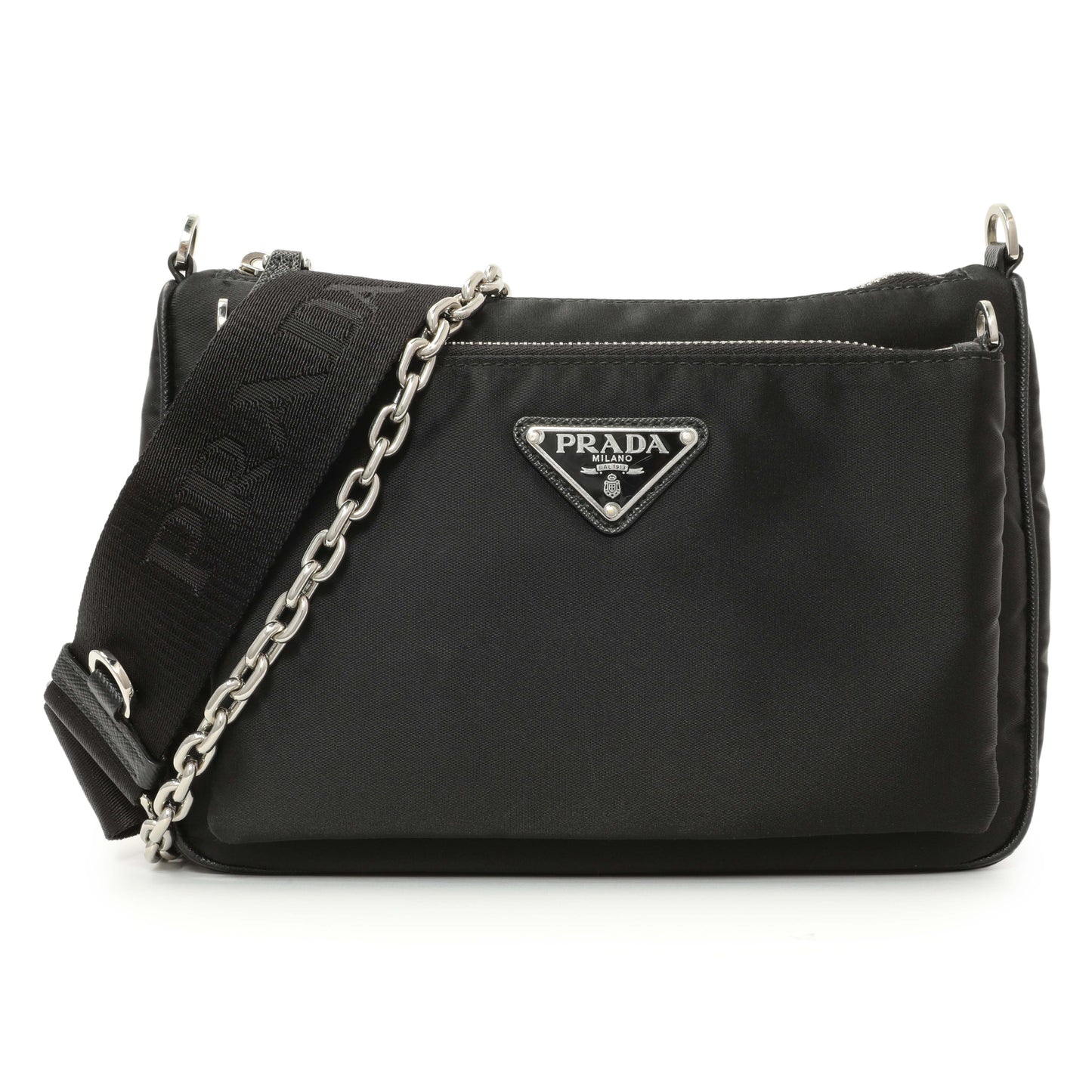 Exclusive Prada Black Re-Nylon Saffiano Double Pouch Shoulder Bag — Front View