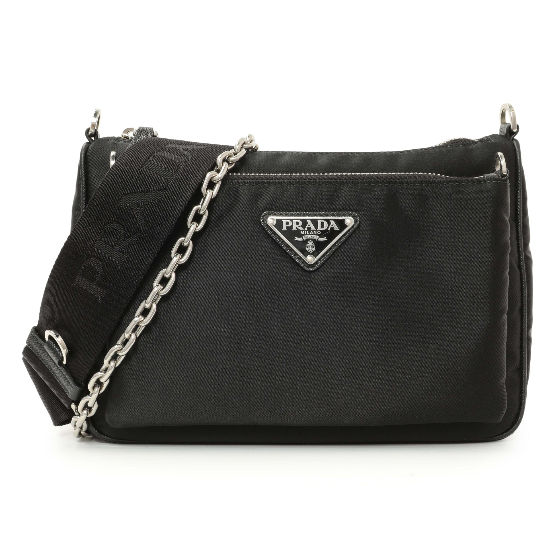 Exclusive Prada Black Re-Nylon Saffiano Double Pouch Shoulder Bag — Front View