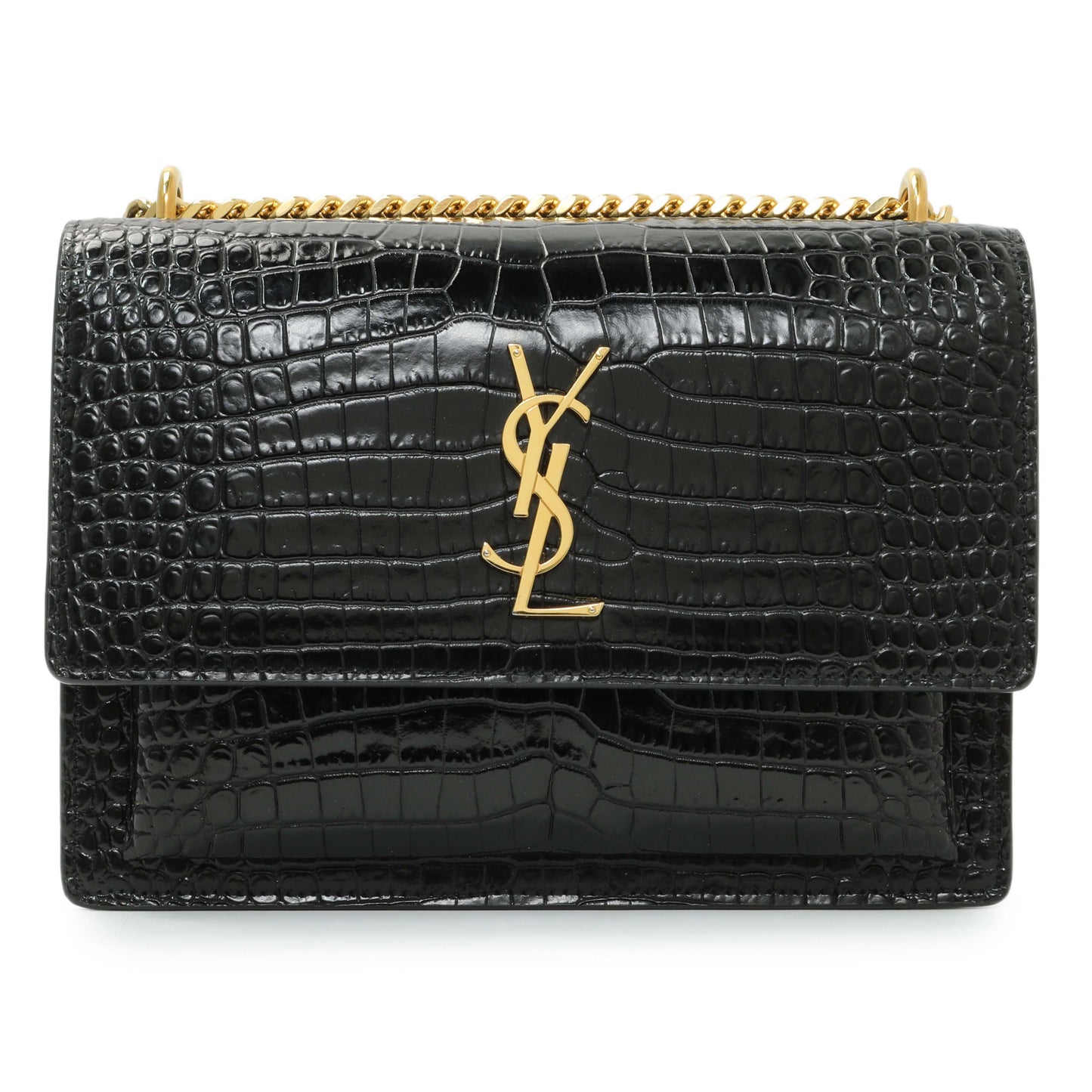 Exclusive Saint Laurent Black Crocodile Embossed Calfskin Medium Monogram Sunset — Front View