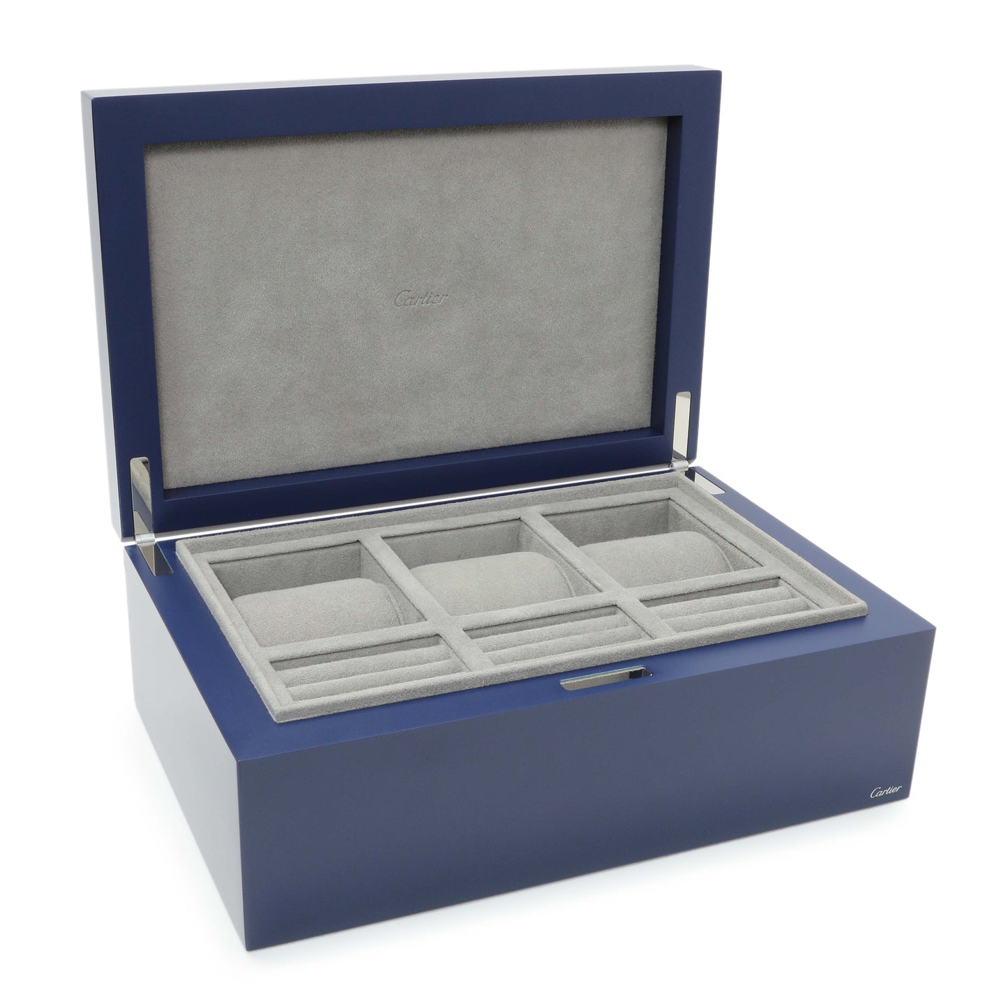 Exclusive Cartier Blue Lacquered Three Watch and Cufflink Box — Front View