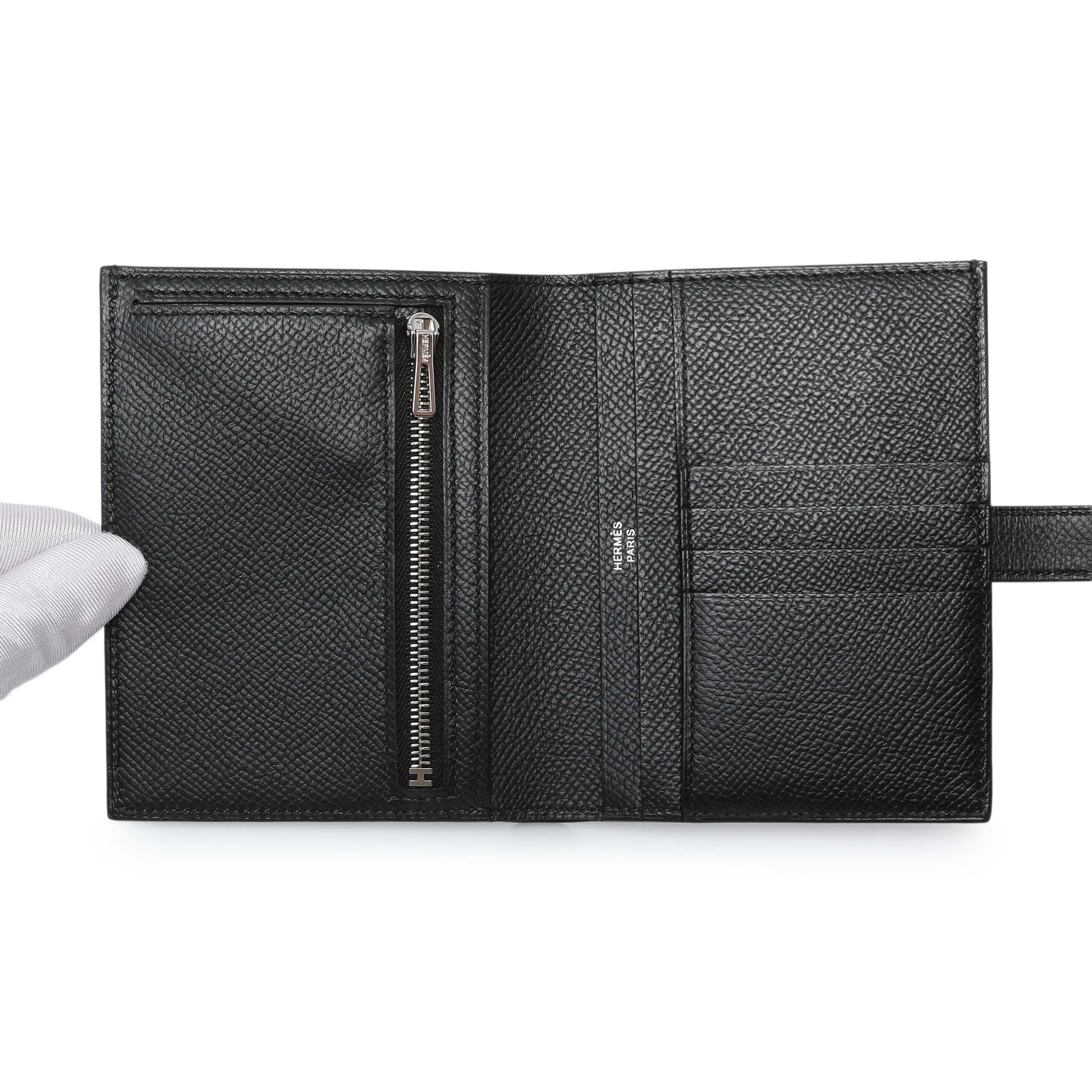 Exclusive Hermes Black Epsom Bearn Compact Wallet — Top View