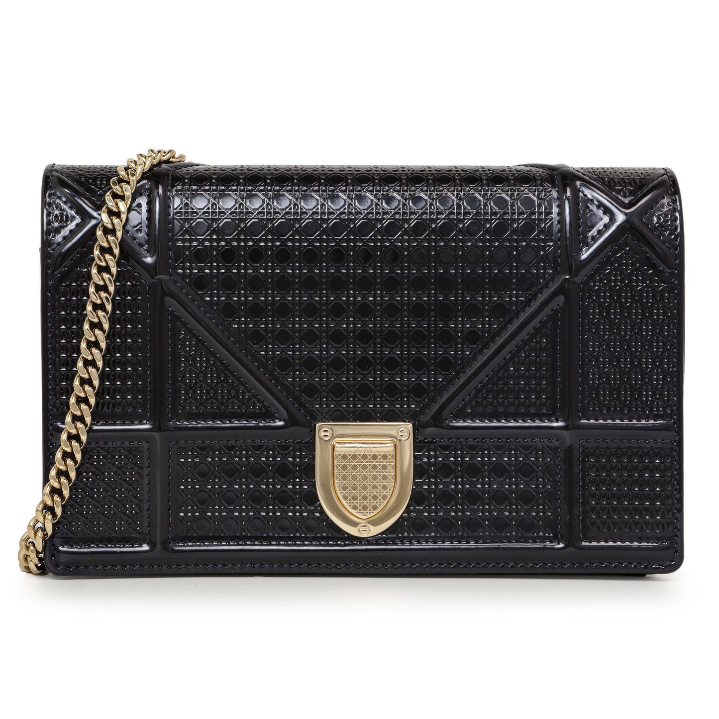 Exclusive Christian Dior Navy Patent Micro-Cannage Diorama Wallet on Chain — Front View