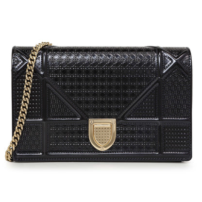 Exclusive Christian Dior Navy Patent Micro-Cannage Diorama Wallet on Chain — Front View