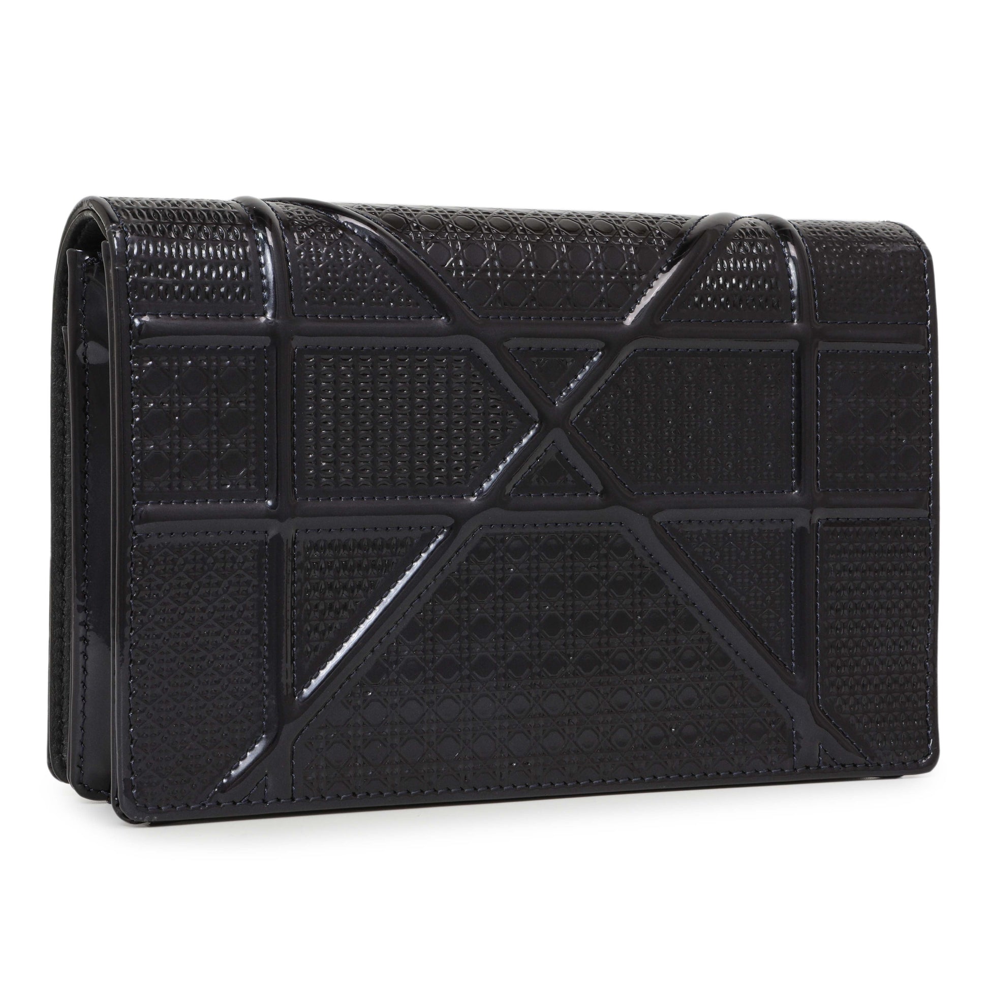 Exclusive Christian Dior Navy Patent Micro-Cannage Diorama Wallet on Chain — Side View