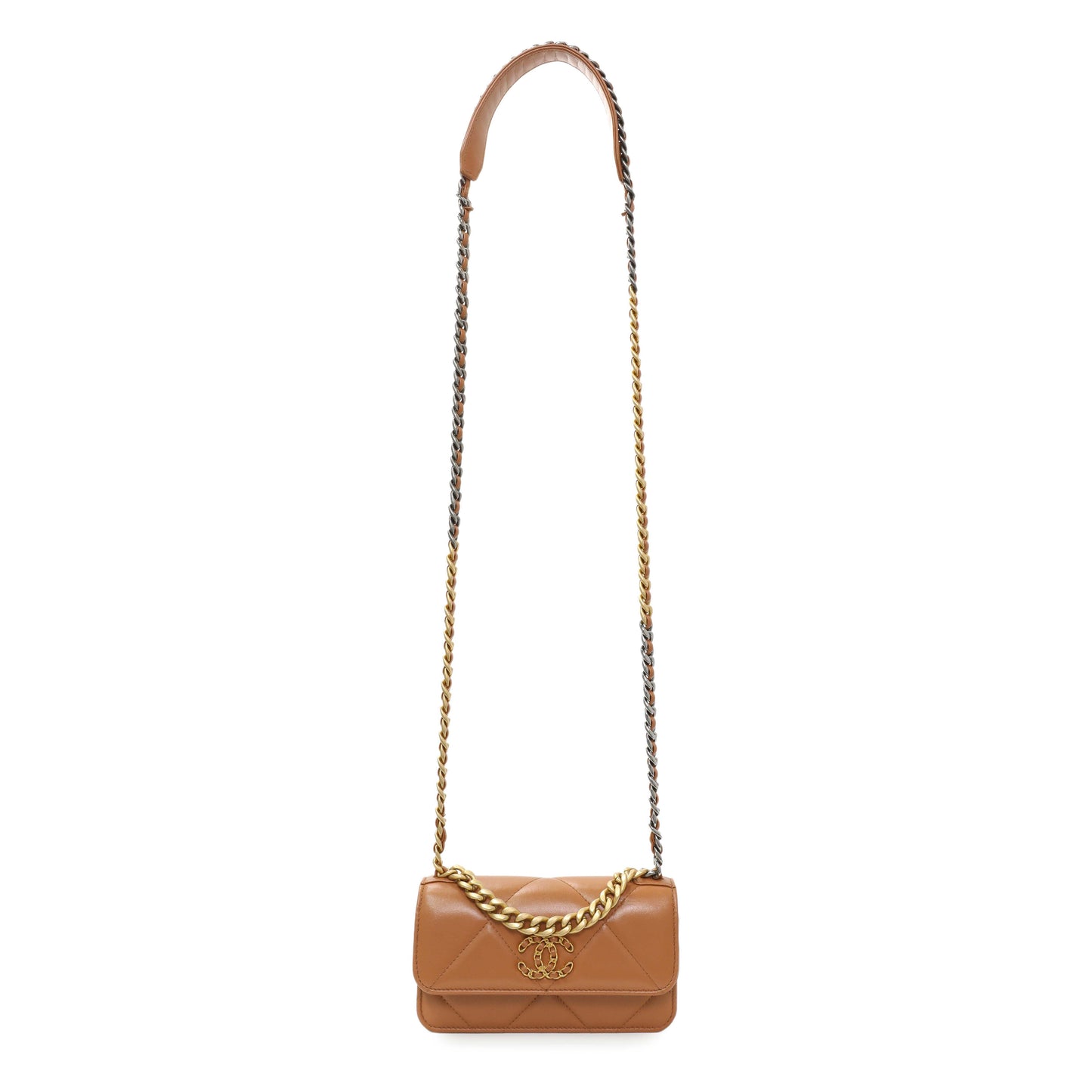 Exclusive Chanel Brown Lambskin Quilted Chanel 19 Glasses Case With Chain — Front View