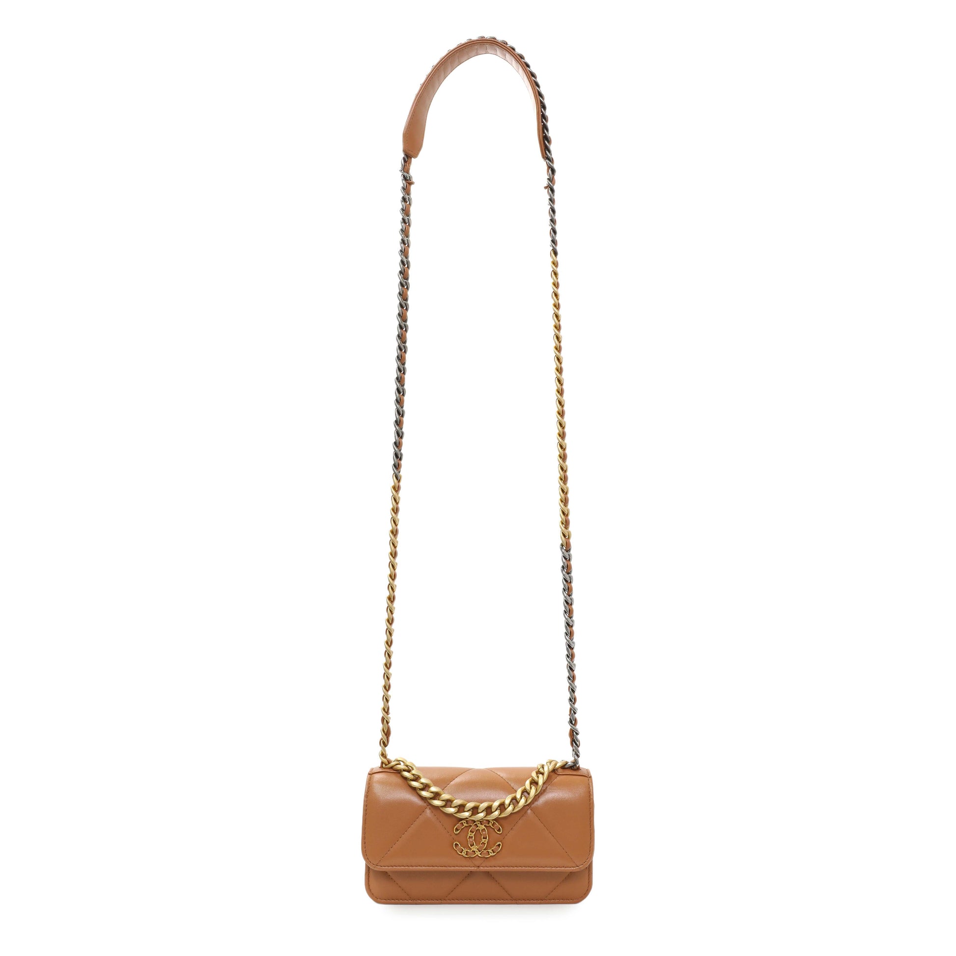 Exclusive Chanel Brown Lambskin Quilted Chanel 19 Glasses Case With Chain — Front View