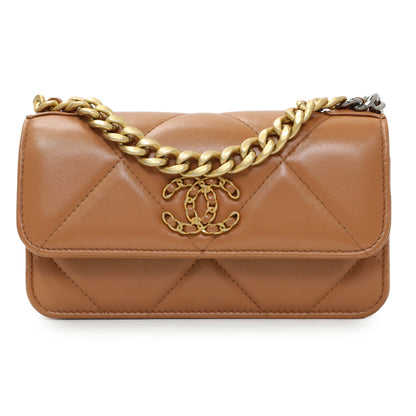 Exclusive Chanel Brown Lambskin Quilted Chanel 19 Glasses Case With Chain — Side View
