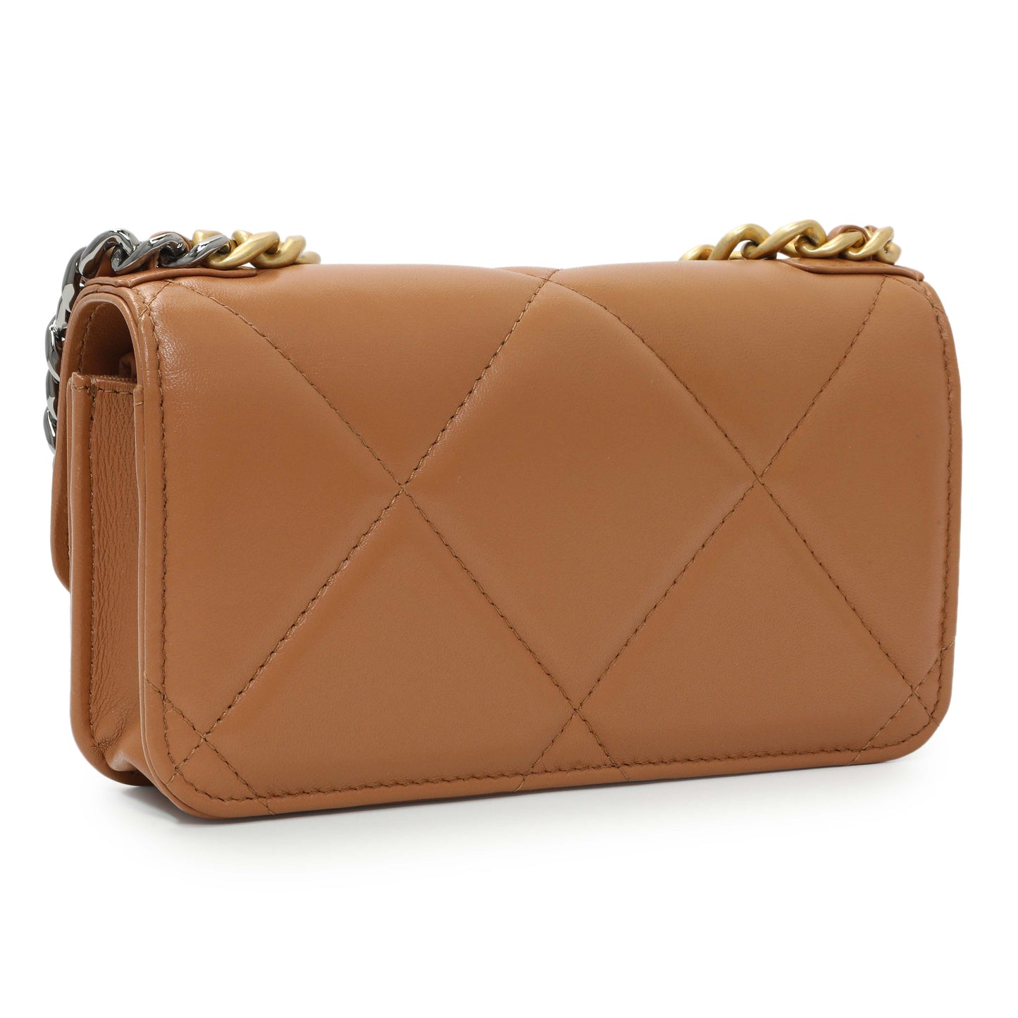 Exclusive Chanel Brown Lambskin Quilted Chanel 19 Glasses Case With Chain — Back View