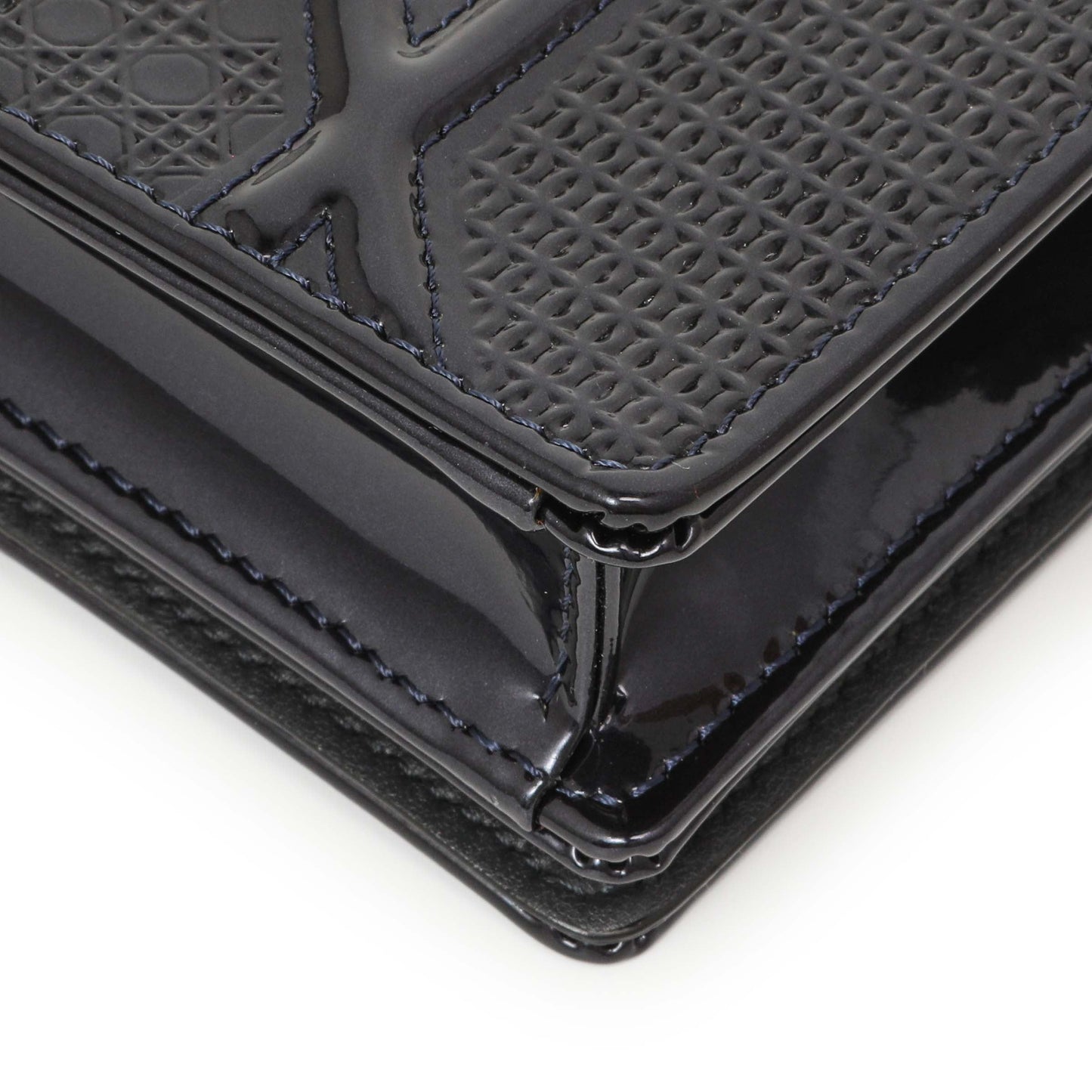 Exclusive Christian Dior Navy Patent Micro-Cannage Diorama Wallet on Chain — Detail View