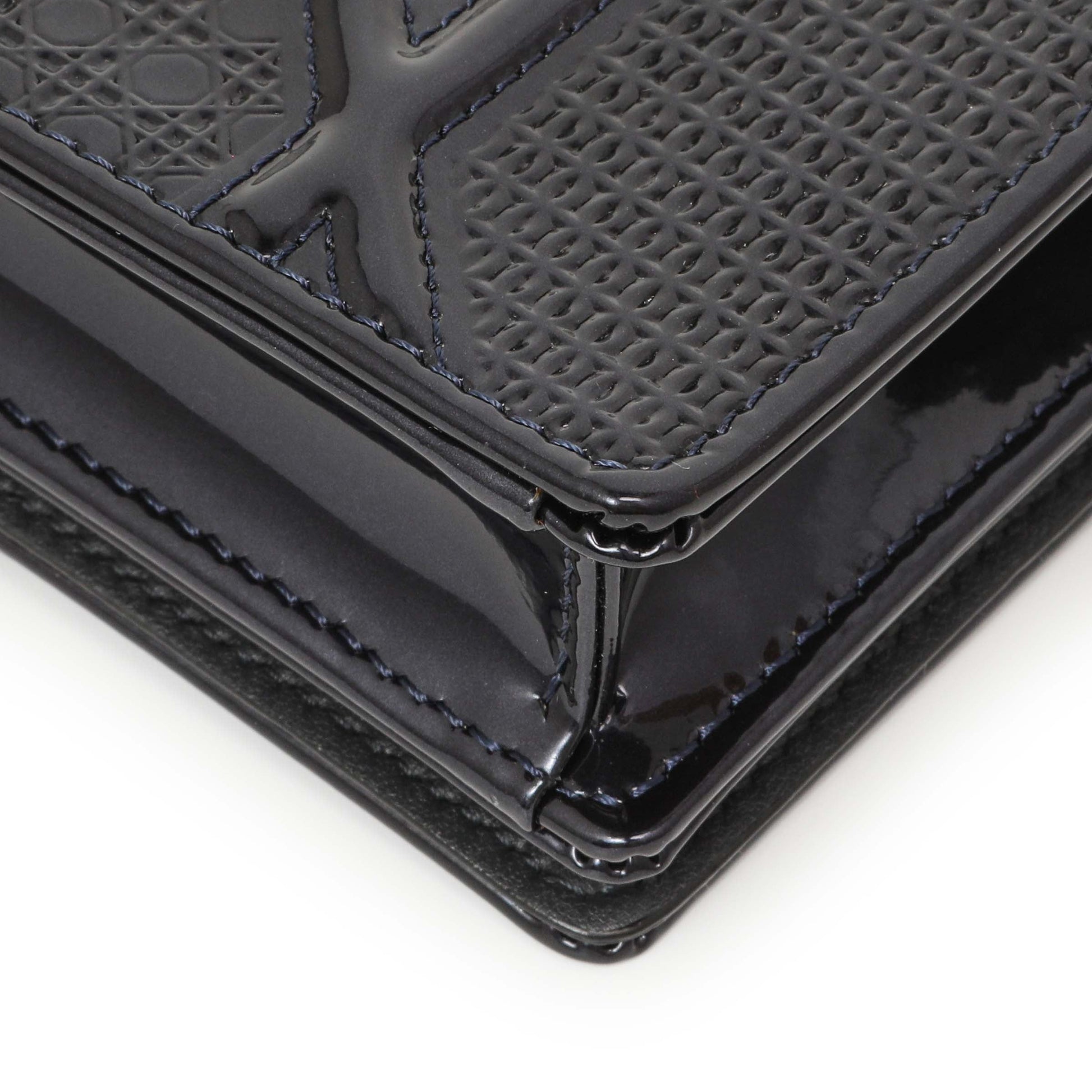 Exclusive Christian Dior Navy Patent Micro-Cannage Diorama Wallet on Chain — Detail View