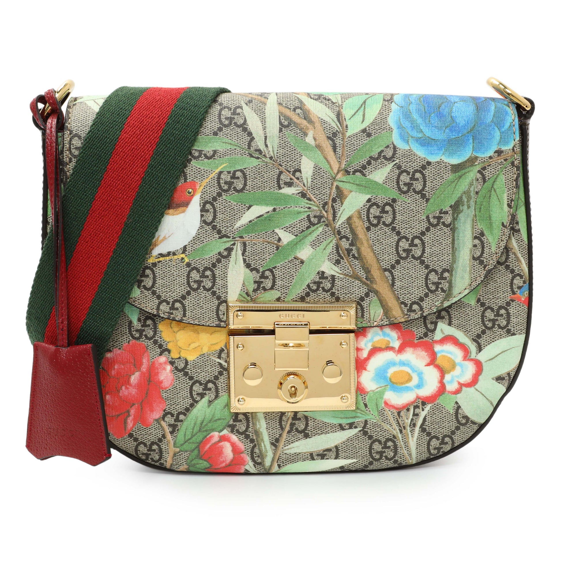 Exclusive Gucci GG Supreme Monogram Tian Web Medium Padlock Messenger Shoulder Bag — Front View