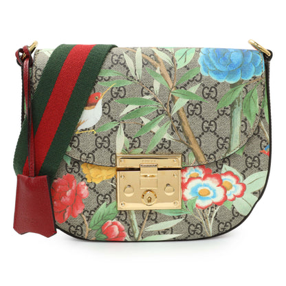 Exclusive Gucci GG Supreme Monogram Tian Web Medium Padlock Messenger Shoulder Bag — Front View