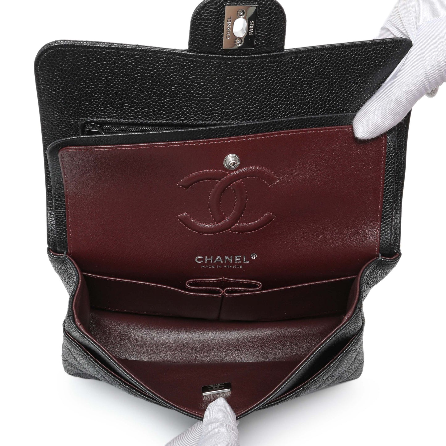Exclusive Chanel Black Quilted Caviar Small Classic Double Flap — Top View
