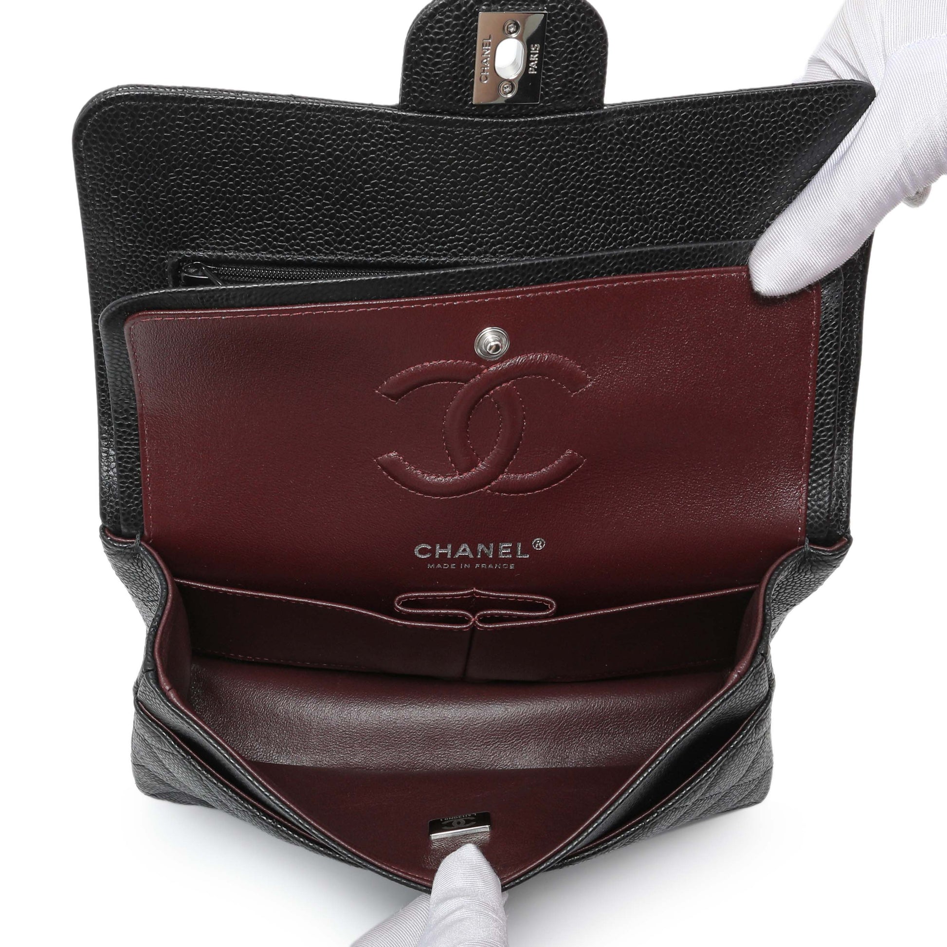 Exclusive Chanel Black Quilted Caviar Small Classic Double Flap — Top View