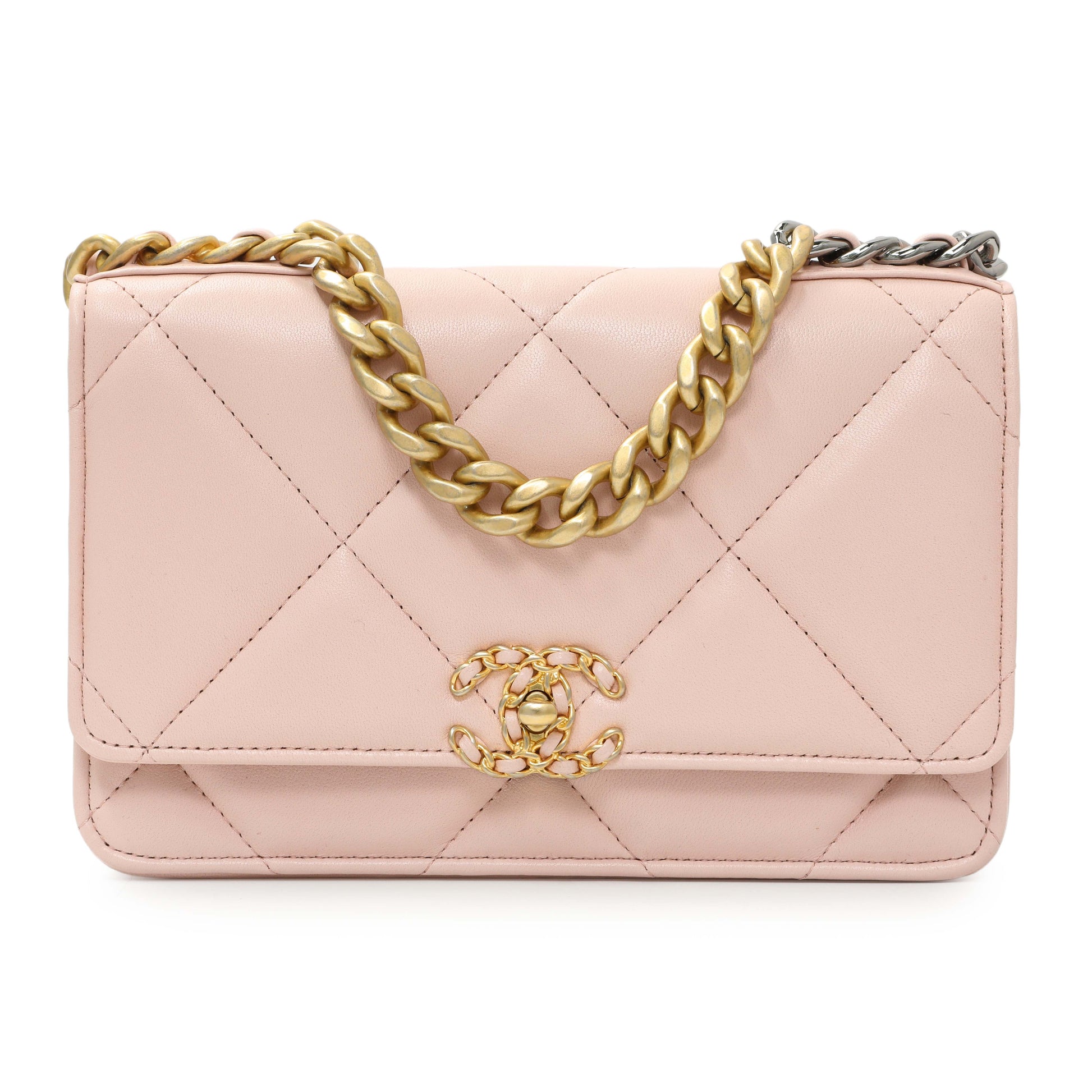 Exclusive Chanel Pink Quilted Lambskin Chanel 19 Wallet on Chain — Side View