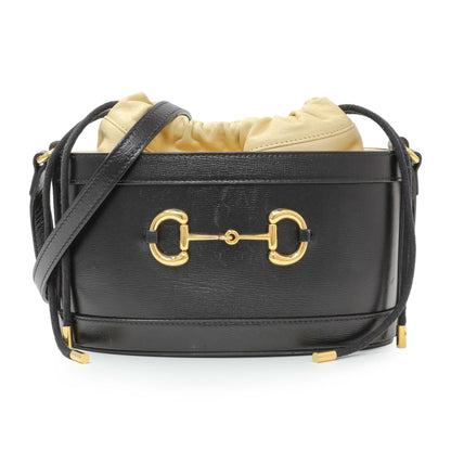 Exclusive Gucci Black Beige Calfskin Horsebit 1955 Drawstring Bucket Bag — Front View