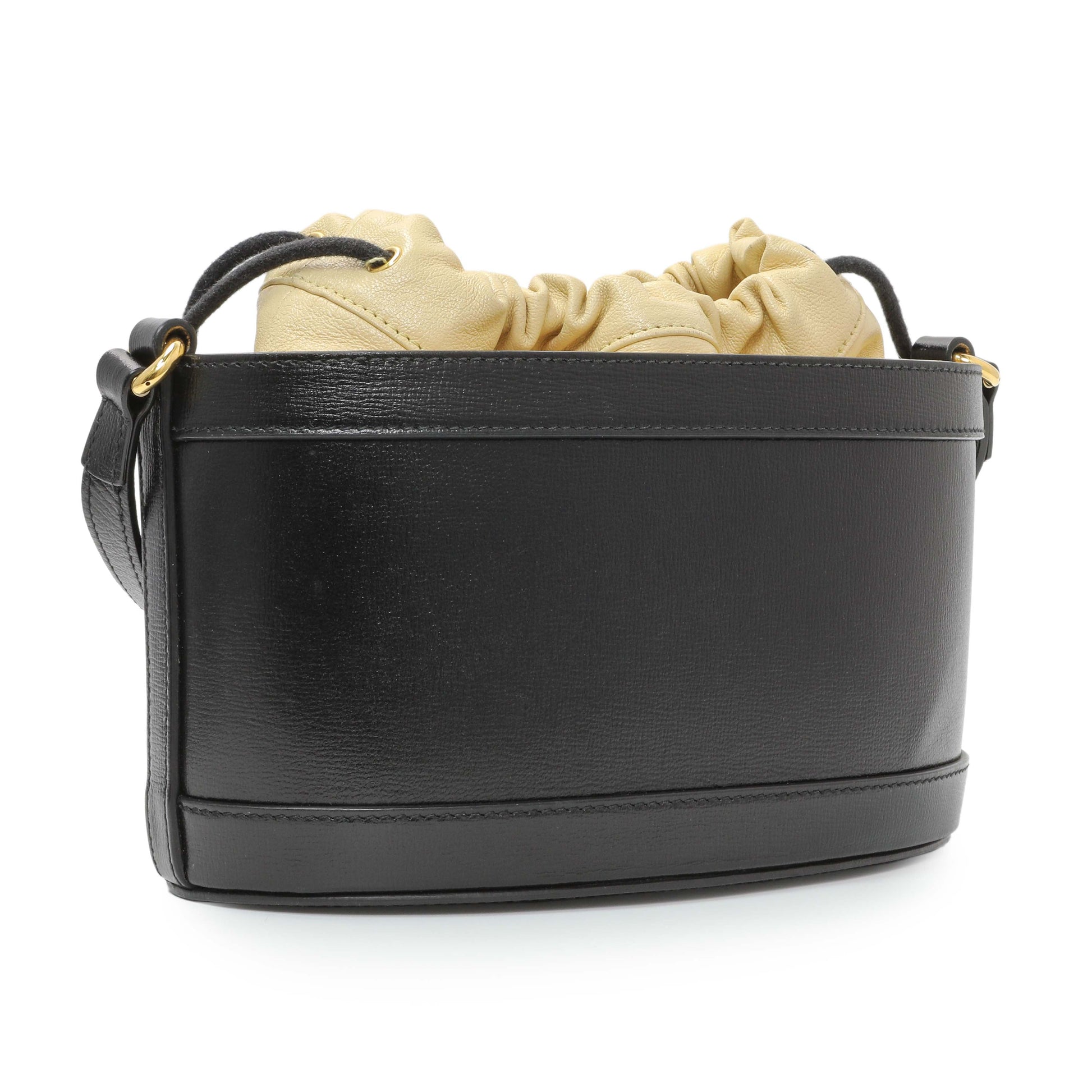 Exclusive Gucci Black Beige Calfskin Horsebit 1955 Drawstring Bucket Bag — Side View