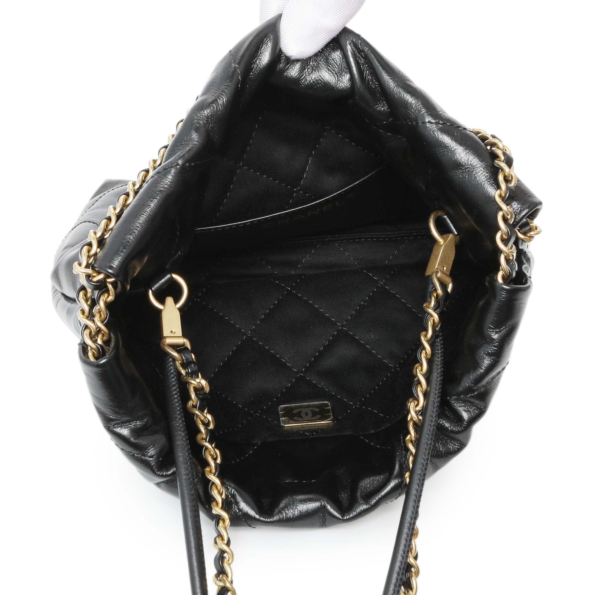 Exclusive Chanel Black Shiny Calfskin Quilted Mini Chanel 22 — Top View