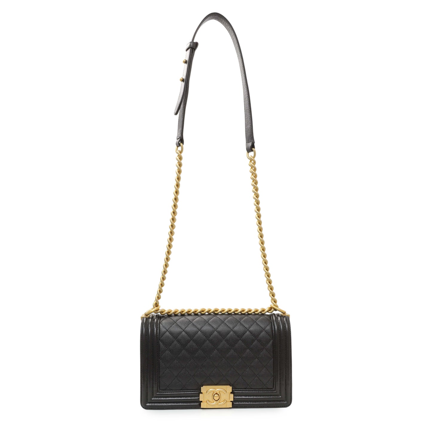 Exclusive Chanel Black Quilted Caviar Medium Boy Flap — Front View