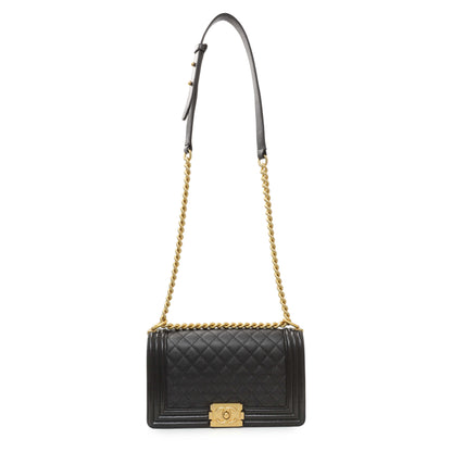 Exclusive Chanel Black Quilted Caviar Medium Boy Flap — Front View