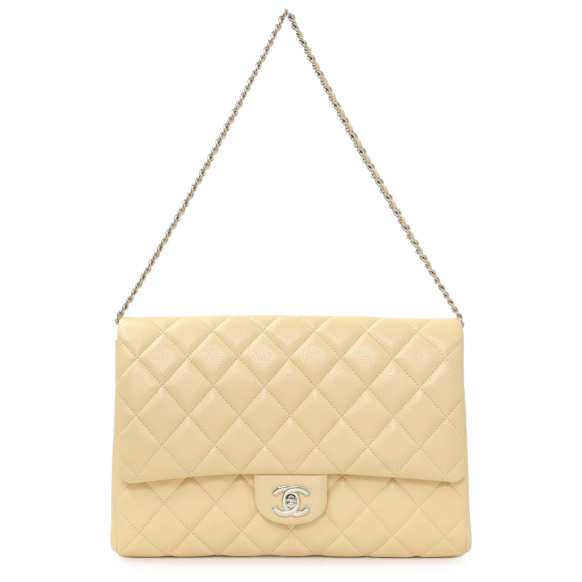 Exclusive Chanel Beige Quilted Caviar Clutch With Chain Flap — Front View