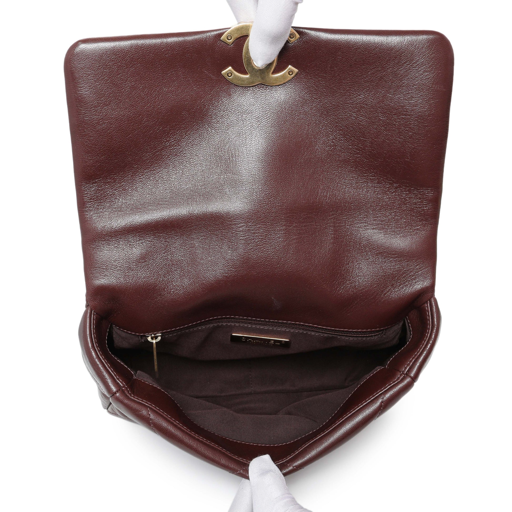 Exclusive Chanel Burgundy Quilted Goatskin Medium Chanel 19 Flap — Detail View