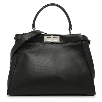 Exclusive Fendi Black Vitello Seta Snakeskin Crocodile Monster Eyes Medium Peekaboo Iconic Satchel — Front View
