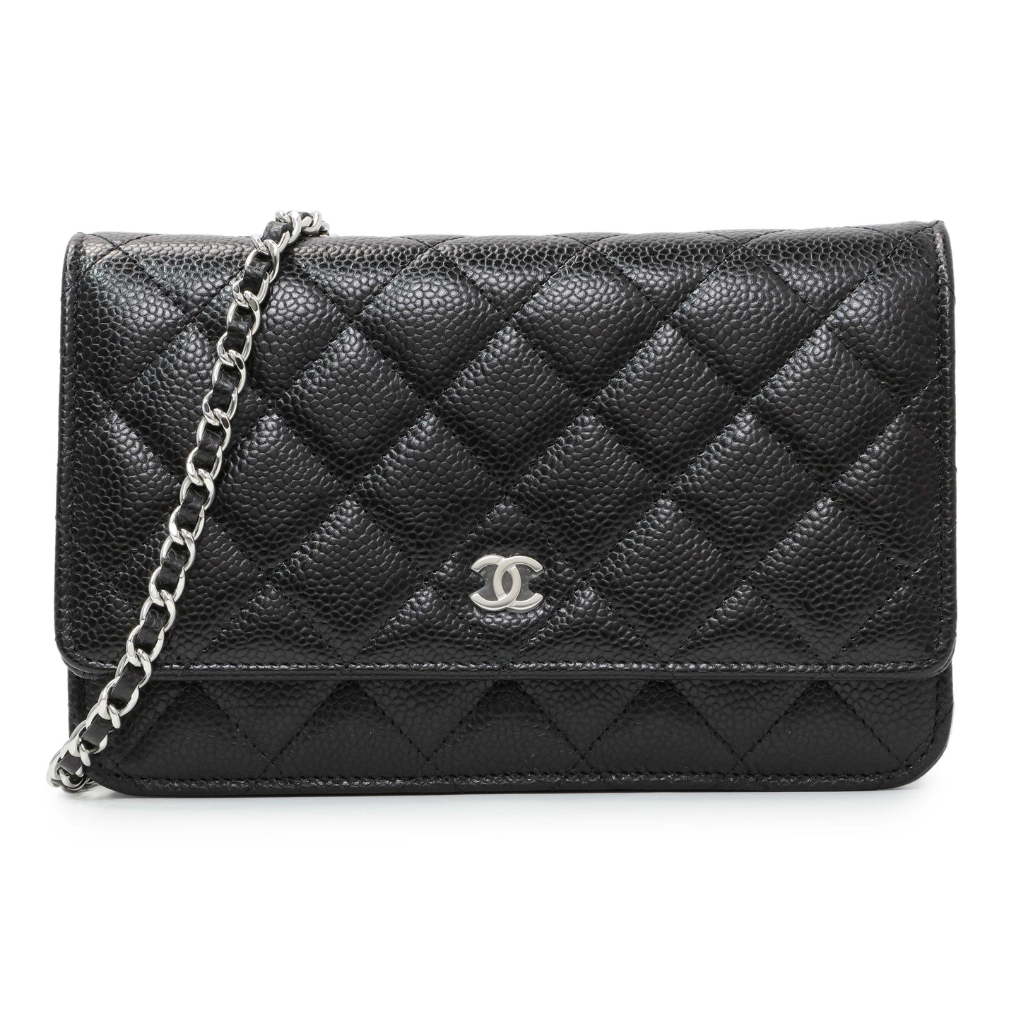 Exclusive Chanel Black Quilted Caviar Wallet on Chain — Front View