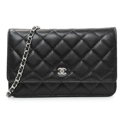 Exclusive Chanel Black Quilted Caviar Wallet on Chain — Front View