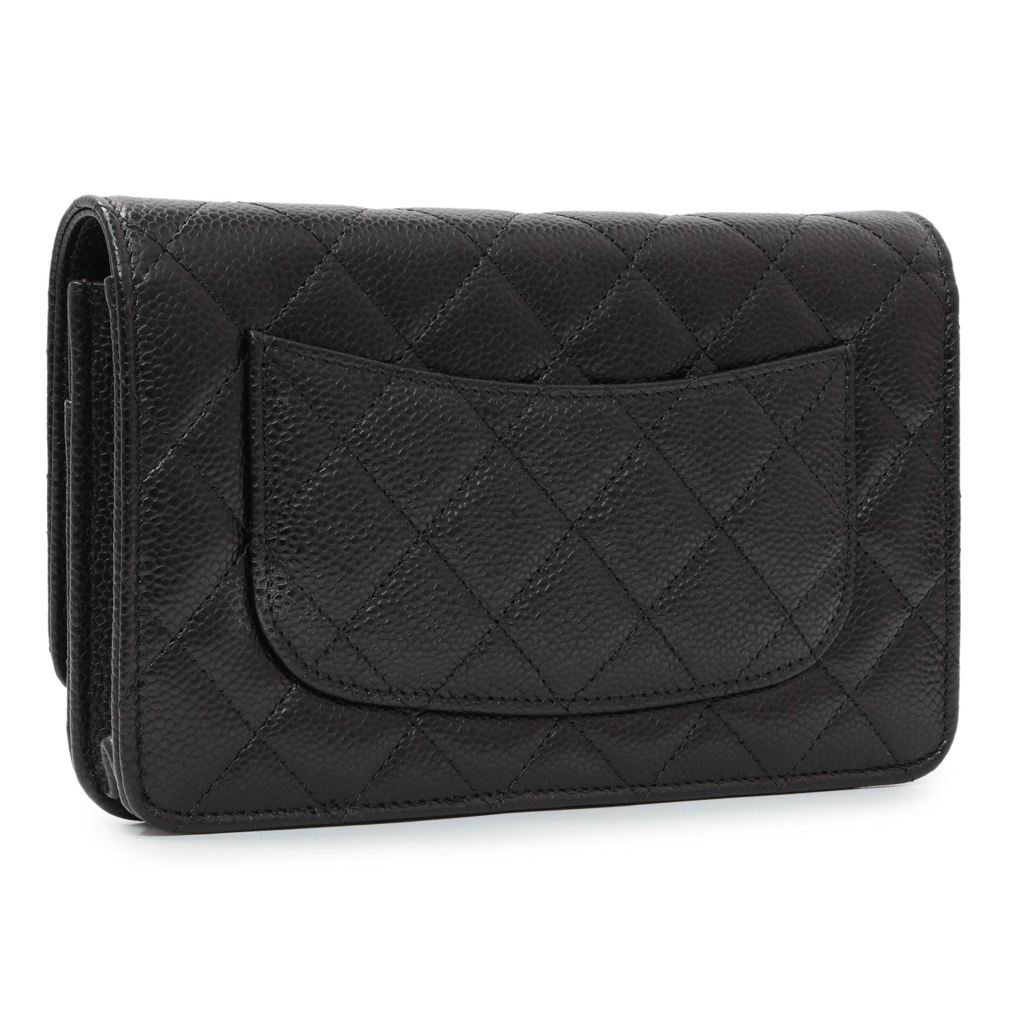Exclusive Chanel Black Quilted Caviar Wallet on Chain — Side View