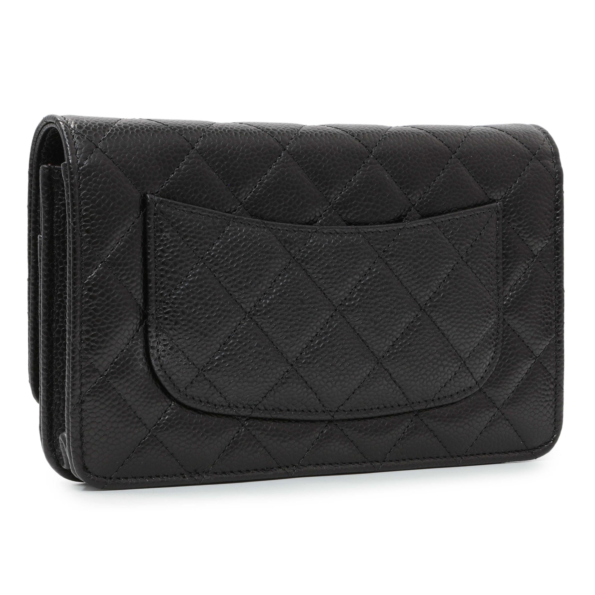 Exclusive Chanel Black Quilted Caviar Wallet on Chain — Side View