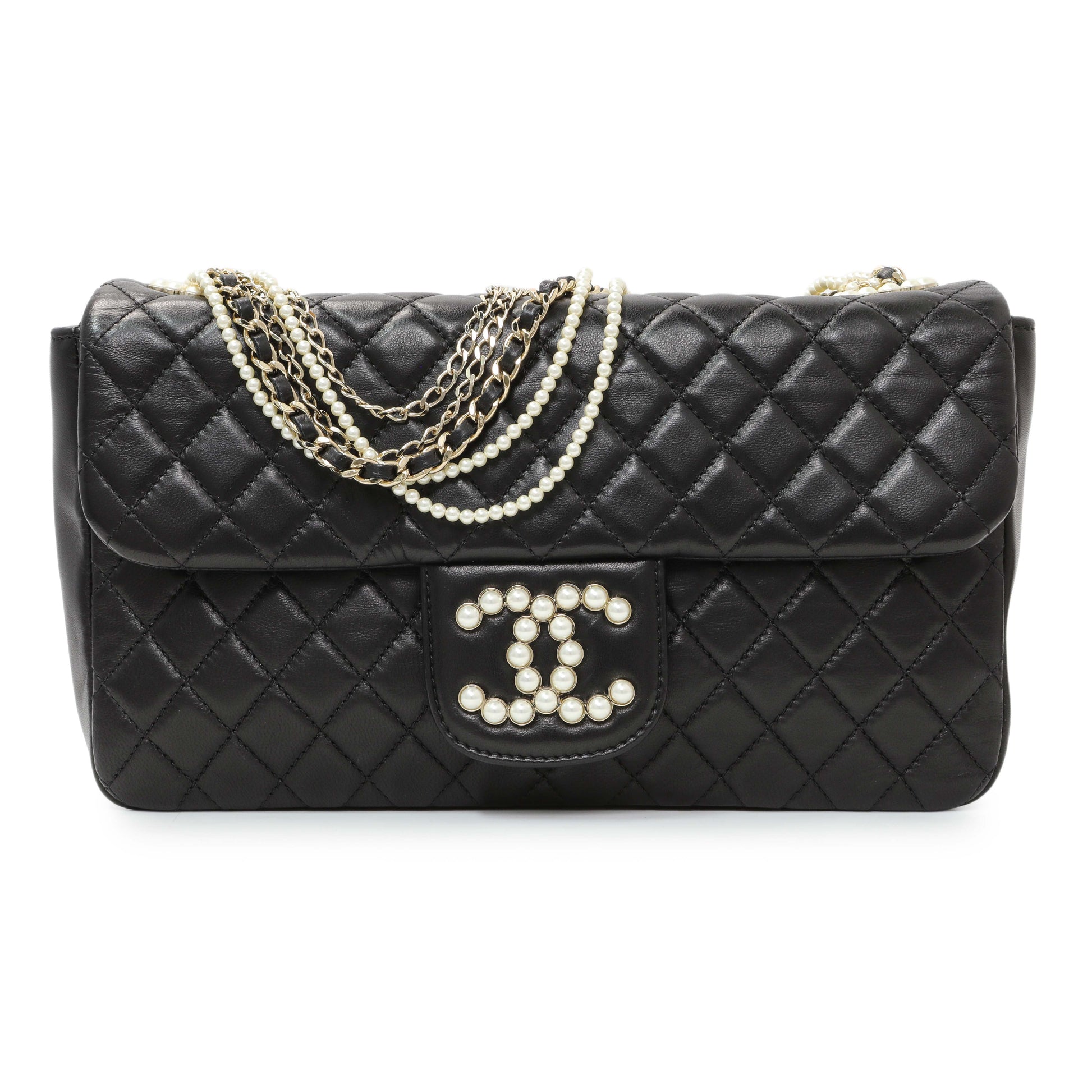 Exclusive Chanel Black Lambskin Quilted Medium Westminster Pearl Flap — Front View