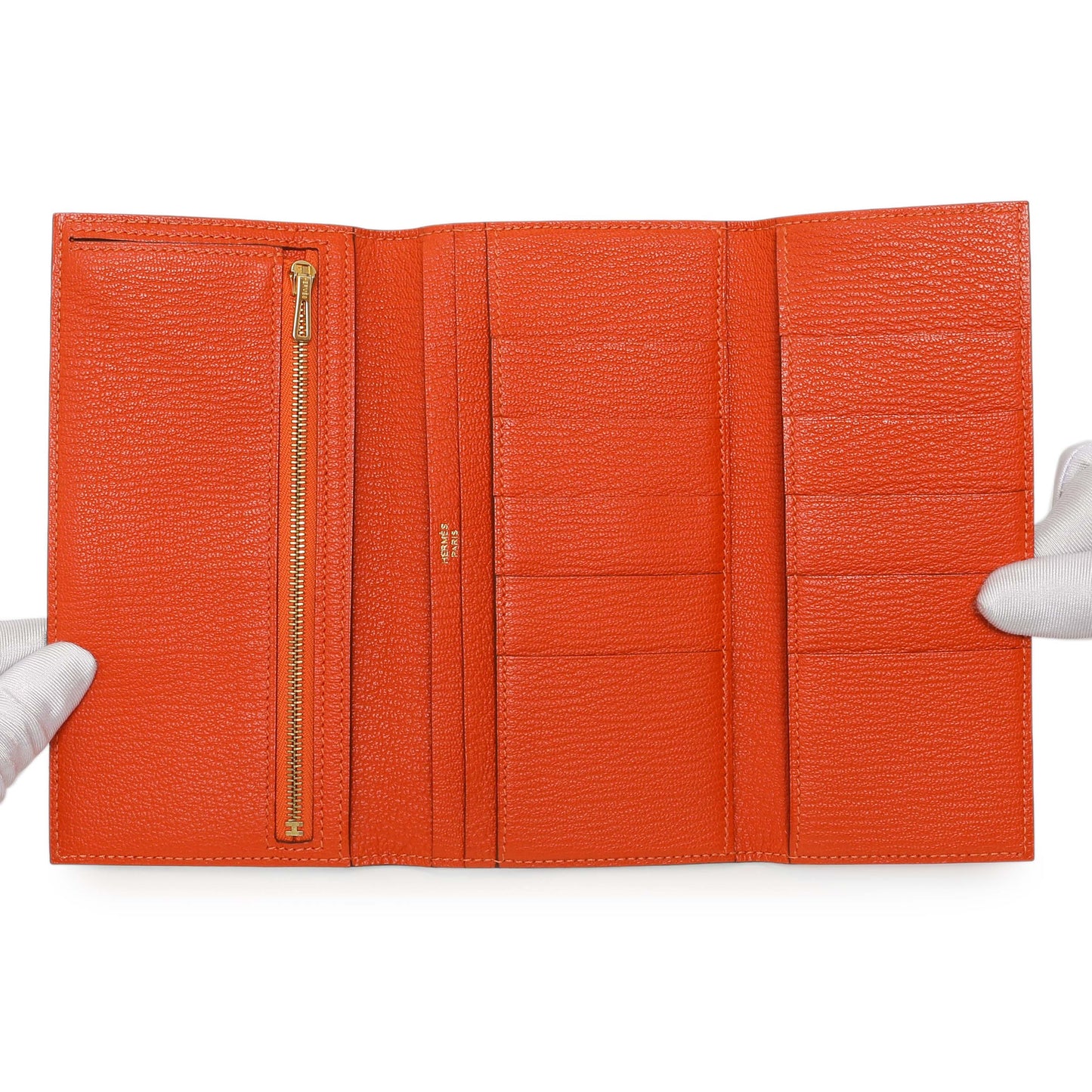 Exclusive Hermes Orange Chevre Tri-Fold Bearn Wallet — Top View