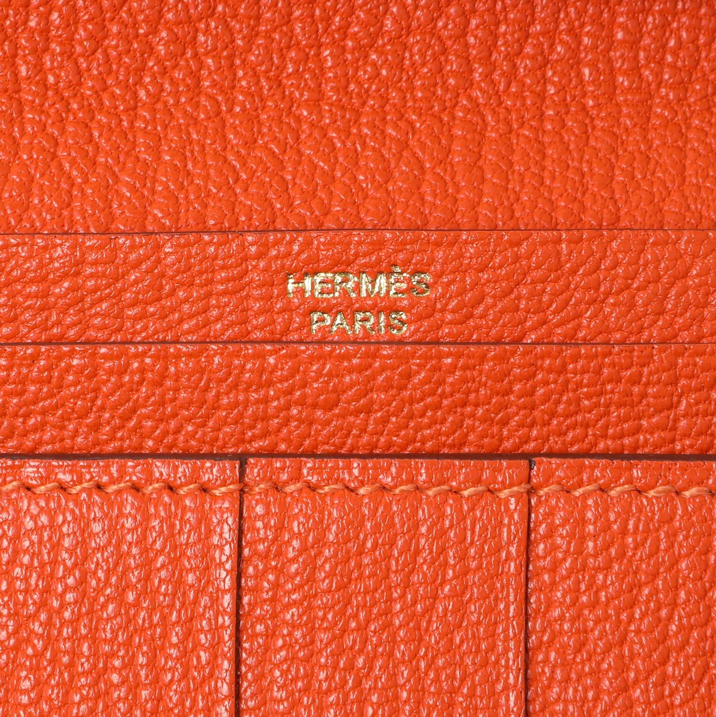 Exclusive Hermes Orange Chevre Tri-Fold Bearn Wallet — Detail View