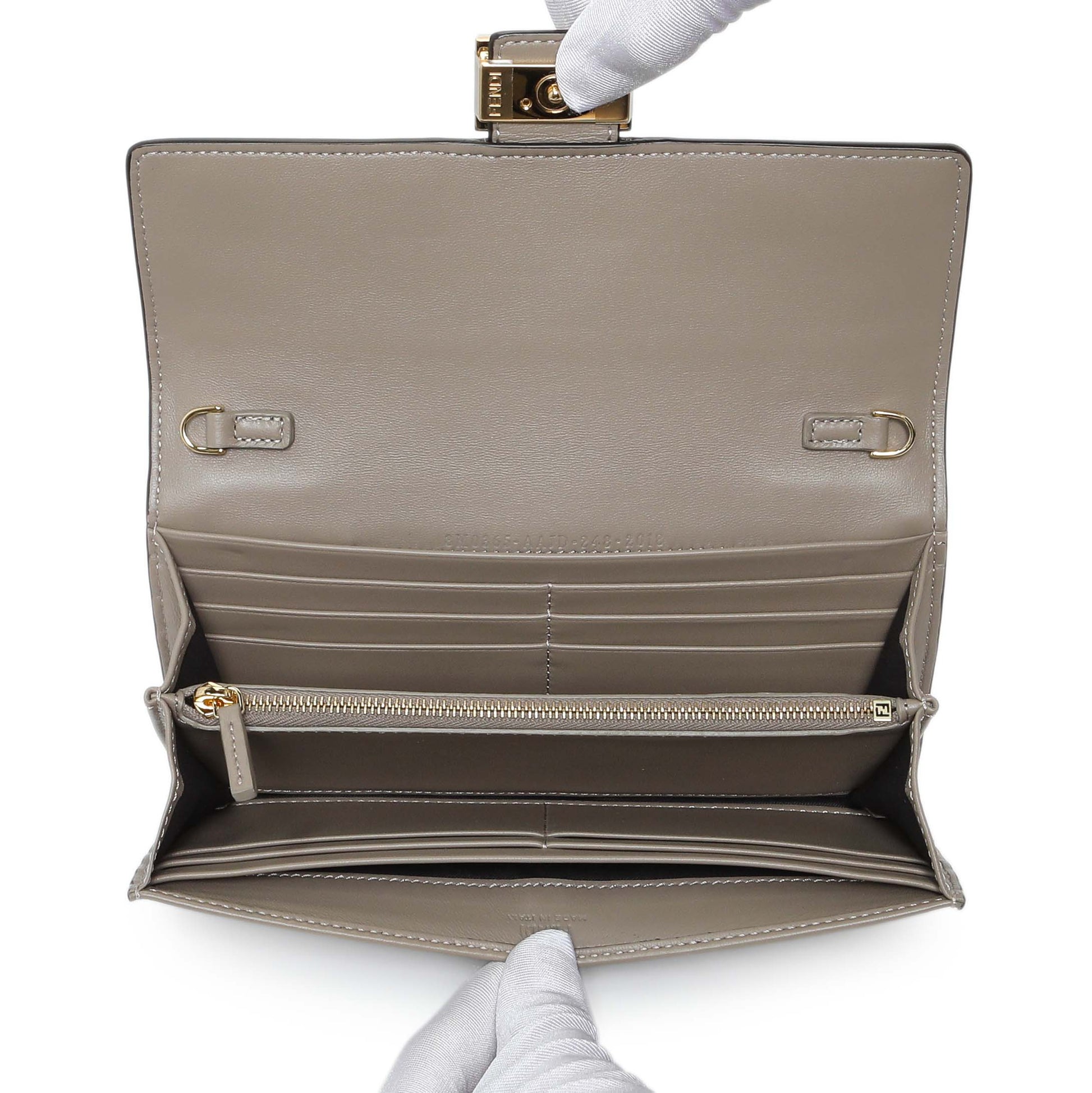 Exclusive Fendi Grey Nappa Matisse FF Embossed Continental Wallet On Chain — Top View
